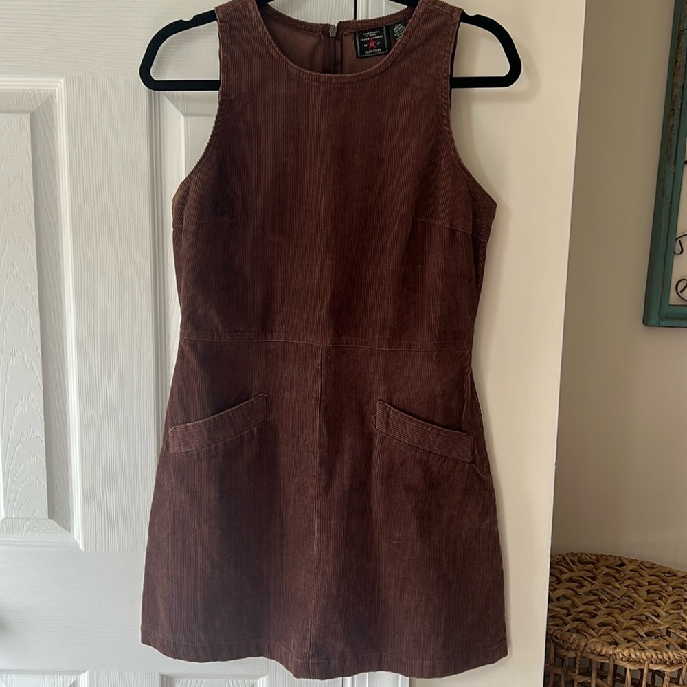 American Eagle AE Brown Corduroy Mini Dress Medium, Sleeveless Boho w/ Pockets